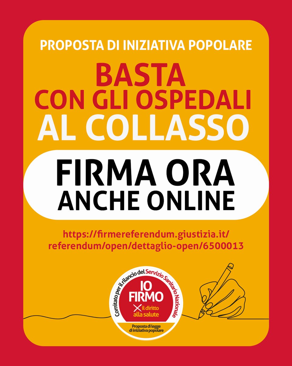 cgilnazionale's tweet photo. FIRMA QUI LA PROPOSTA DI LEGGE 
👉 https://t.co/XLj9iKdfnQ

È impietoso il raffronto della spesa sanitaria pubblica italiana con quella degli altri Paesi europei, rispetto ai quali l’Italia è il fanalino di coda con gap sempre più difficili da colmare, con una prospettiva di ulteriore riduzione del finanziamento del SSN in rapporto al PIL già gravemente insufficiente rispetto ai bisogni di prevenzione, assistenza e cura.

Non possiamo, né vogliamo, rassegnarci al declino del SSN e dopo tante iniziative e mobilitazioni, assieme a un’ampia rete di associazioni, sentiamo il dovere e la responsabilità di fare qualcosa in più: lanciare una straordinaria raccolta di firme a sostegno della legge di iniziativa popolare, accompagnata da una grande campagna di partecipazione e mobilitazione, in continuità con la straordinaria campagna referendaria a difesa della Costituzione, della giustizia e della democrazia.

Rendiamo effettivo il diritto alla tutela della salute nel rispetto della Costituzione e della Legge 833/1978, rafforzando il Servizio Sanitario Nazionale e valorizzando il lavoro.

Firma nei banchetti in piazza o digitalmente la proposta di legge di iniziativa popolare.

Approfondisci i contenuti qui 👉 https://t.co/C0yCh9n6rR