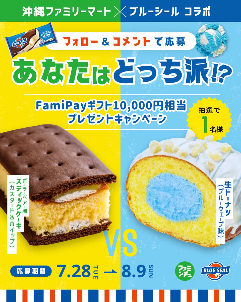 oki_famima's tweet photo. フォロー&amp;コメントをして
『ファミペイ1万円相当』が当たるチャンス🎯

＼あなたはどっち派？／
1. スティックケーキ🍰
2. 生ドーナツ🍩

【応募方法】
1️⃣@oki_famima と @BlueSealokinawa をフォロー
2️⃣気になる商品の番号をコメント欄へ
締切：8/9まで

#ファミンチュ #ブルーシール #キャンペーン https://t.co/brpZTZeCPi