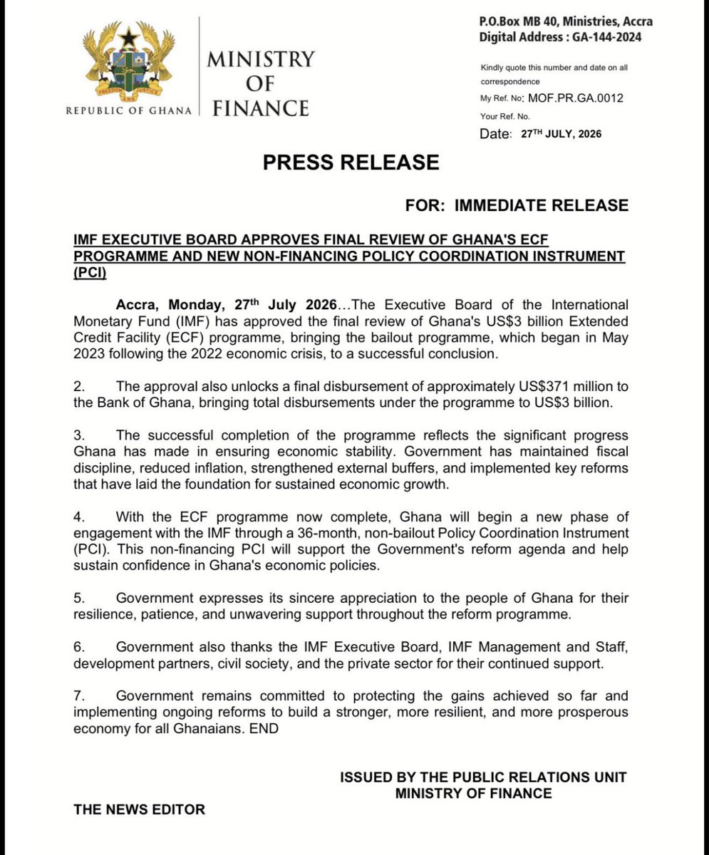 MoF_Ghana's tweet photo. Ghana Successfully Completes IMF Bailout, Secures Final US$371 Million! https://t.co/8X6Vt8OS0H
