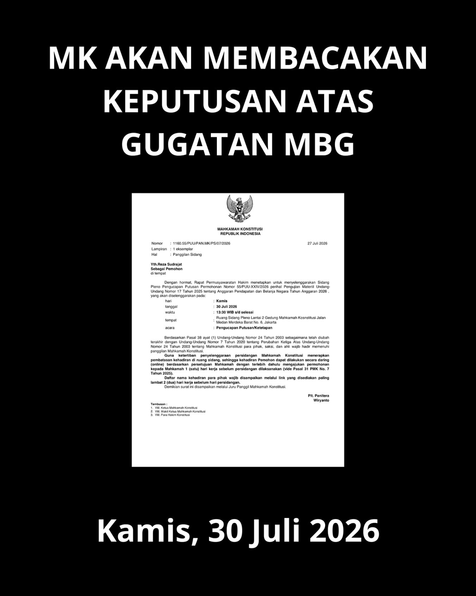 RA_leather's tweet photo. 🚨 Mari kawal bersama! 

MK akan membacakan putusan gugatan MBG pada Kamis, 30 Juli 2026. ⚖️🇮🇩