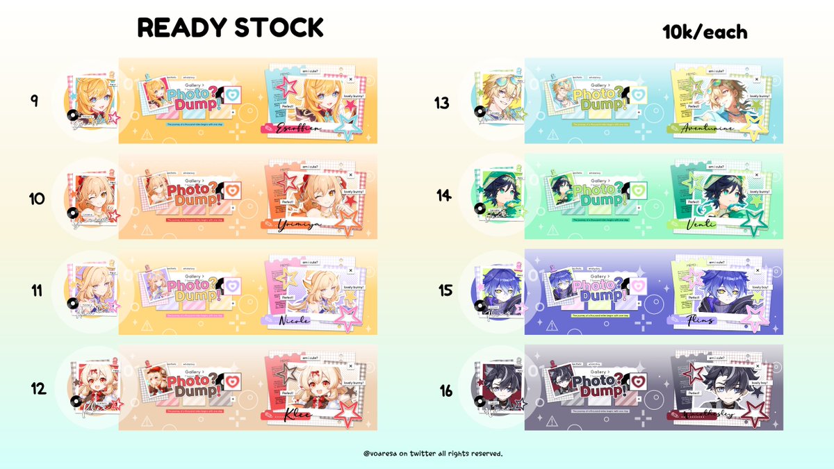 voaresa's tweet photo. Help repost plizeuu, thankyou! ✨

haii aku ada layout ready stock 2D dr karakter GI, HSR dan Wuwa dgn harga spesyal 10k saja/each~ 💞

kindly hit me up on dm/tele jika tertarik, arigatou! 🩷

#zonauang https://t.co/rCyByyIzQa