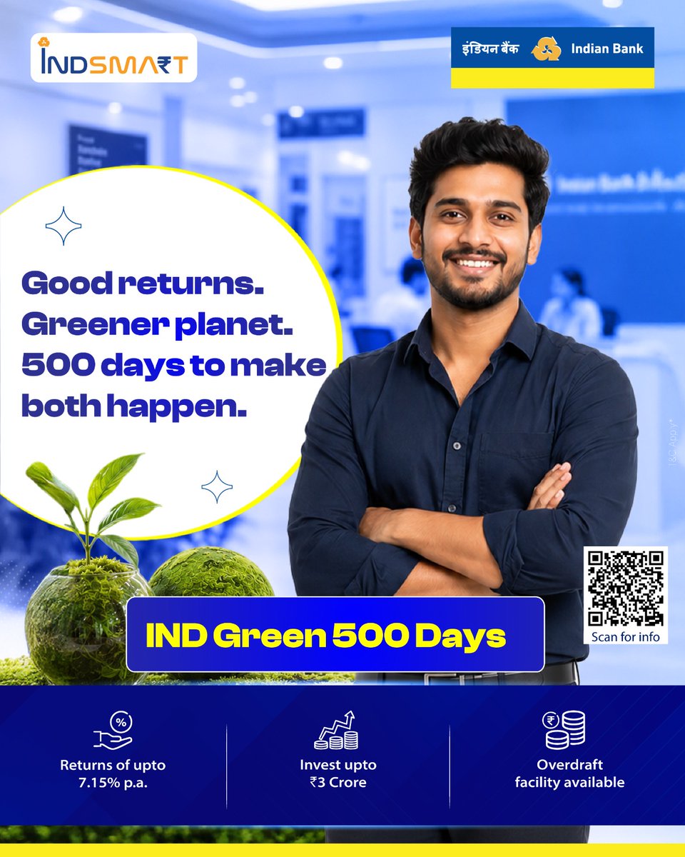 MyIndianBank's tweet photo. Your deposit earns. The planet benefits! IND Green 500 Days is a term deposit that puts your savings to work for both your future and the environment's, simultaneously.
Know more - https://t.co/iQUxSY0w70
#IndianBank #IndGreen https://t.co/Dd0JGl0n1q