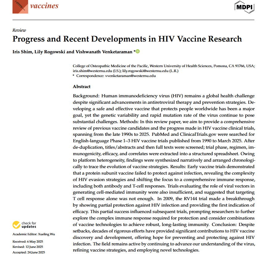 Vaccines_MDPI's tweet photo. 🧬 Editor's Choice: #HIV #vaccine research – from early failures to RV144 breakthrough. This review (1990–2025) shows partial protection is possible, but a comprehensive antibody + T‑cell response is key. The field continues to advance.

🔗 https://t.co/RSjdPVGYo9

#EditorChoice https://t.co/ZZI0ar9teS
