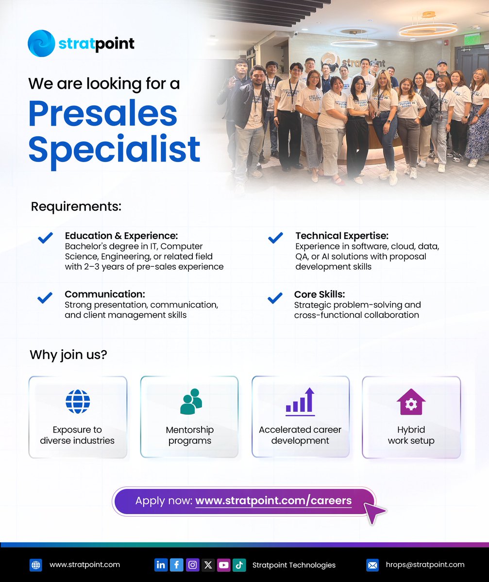 stratpoint's tweet photo. Turn business challenges into winning IT solutions. 💡

Stratpoint is hiring a Presales Specialist! Join us in crafting innovative solutions, impactful proposals, and client presentations that drive success.

🌐 https://t.co/POyj3gWuxL 
📧 hrops@stratpoint.com https://t.co/heC3VoifdK