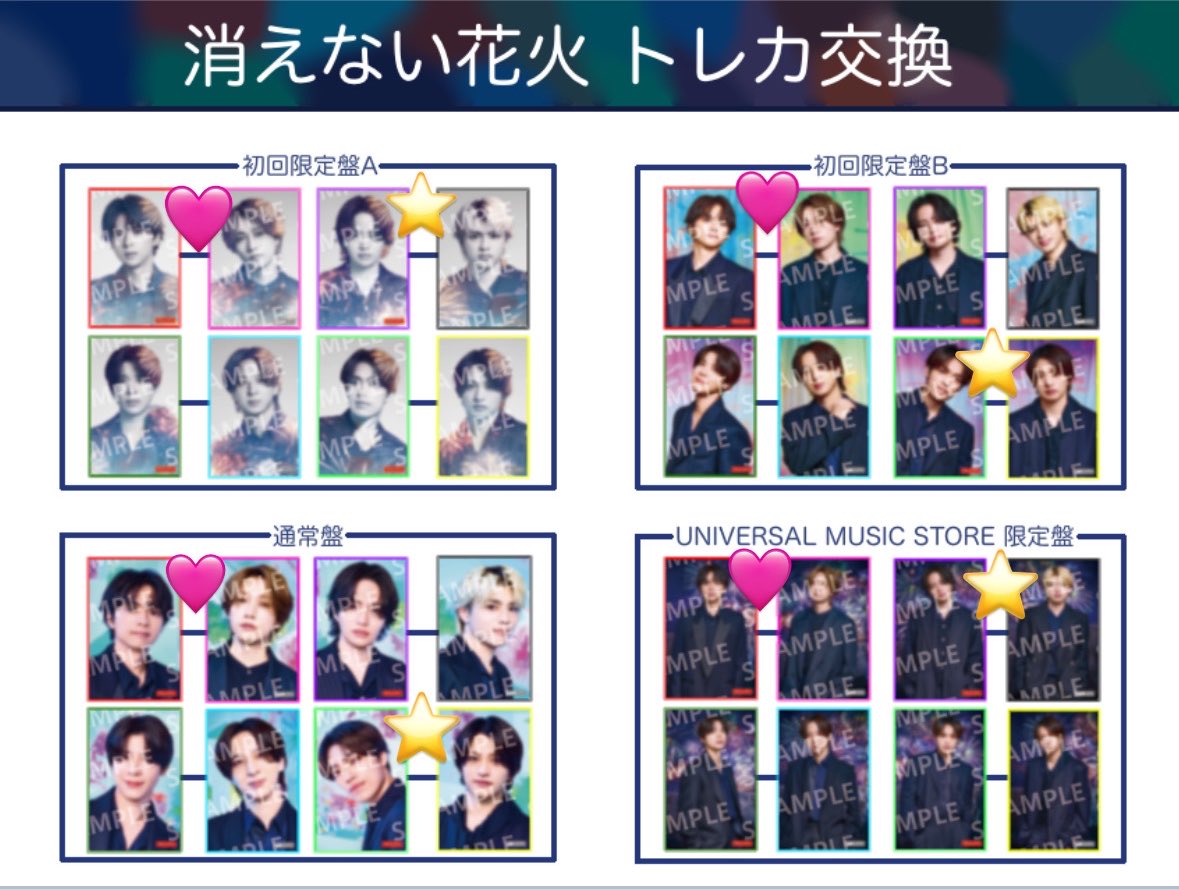 tz_dmx's tweet photo. timelesz 消えない花火 トレカ 交換🎆
 
【譲 ⭐️】
初回A 菊池/篠塚
初回B 原/猪俣
通常盤 原/猪俣
ユニバ盤 菊池/篠塚

【求 🩷】
同種 橋本/佐藤

郵送のみ
お気軽にお声掛けください🌟

#timelesz交換　#timeleszトレカ交換 https://t.co/9VaKrZ7XRR