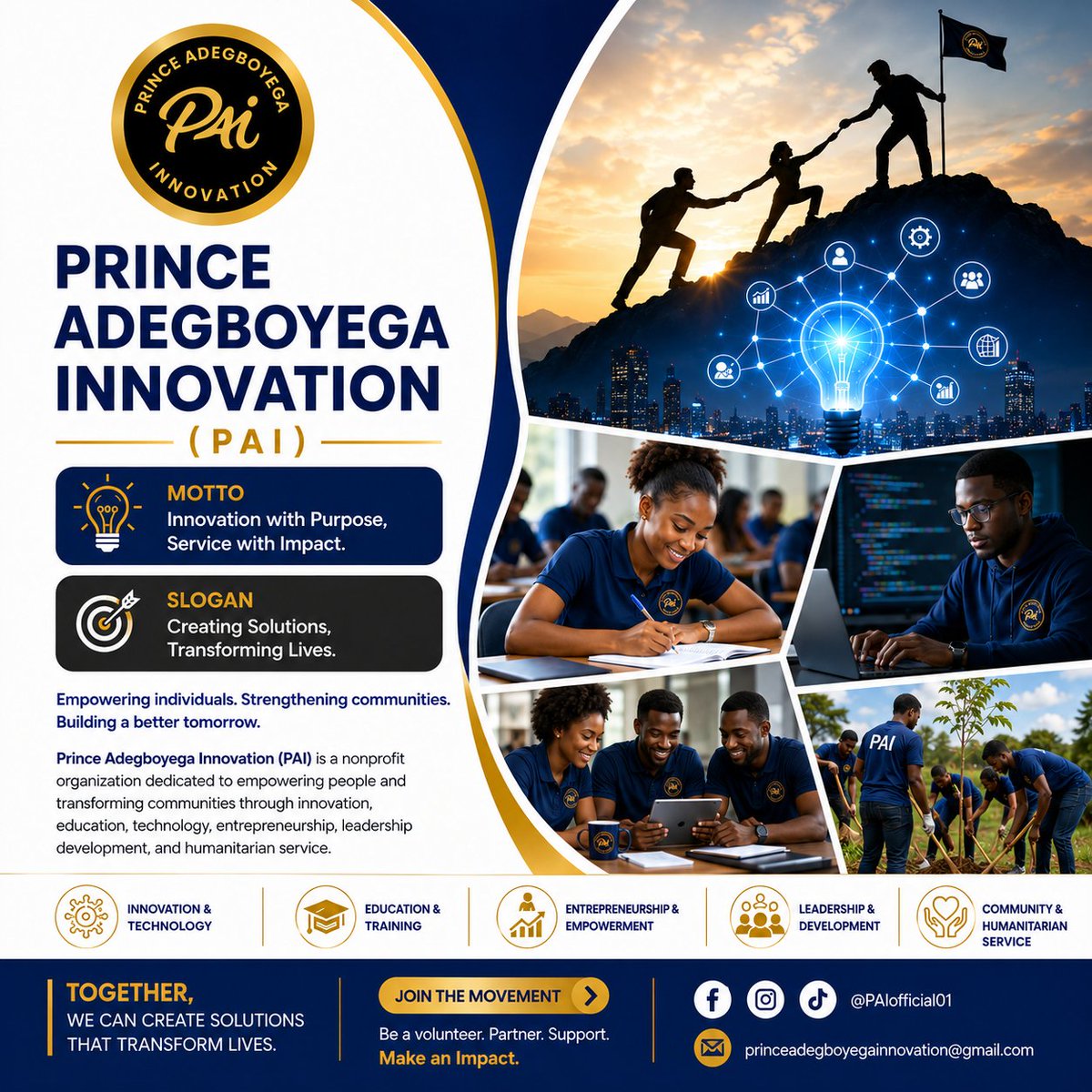 PAIOfficial01's tweet photo. Welcome to Prince Adegboyega Innovation (PAI)!

We're a nonprofit empowering lives through innovation, education, technology, entrepreneurship, leadership and humanitarian service.

Innovation with Purpose. Service with Impact.

Join us as we create solutions and transform lives. https://t.co/Jm7IRTW4ei