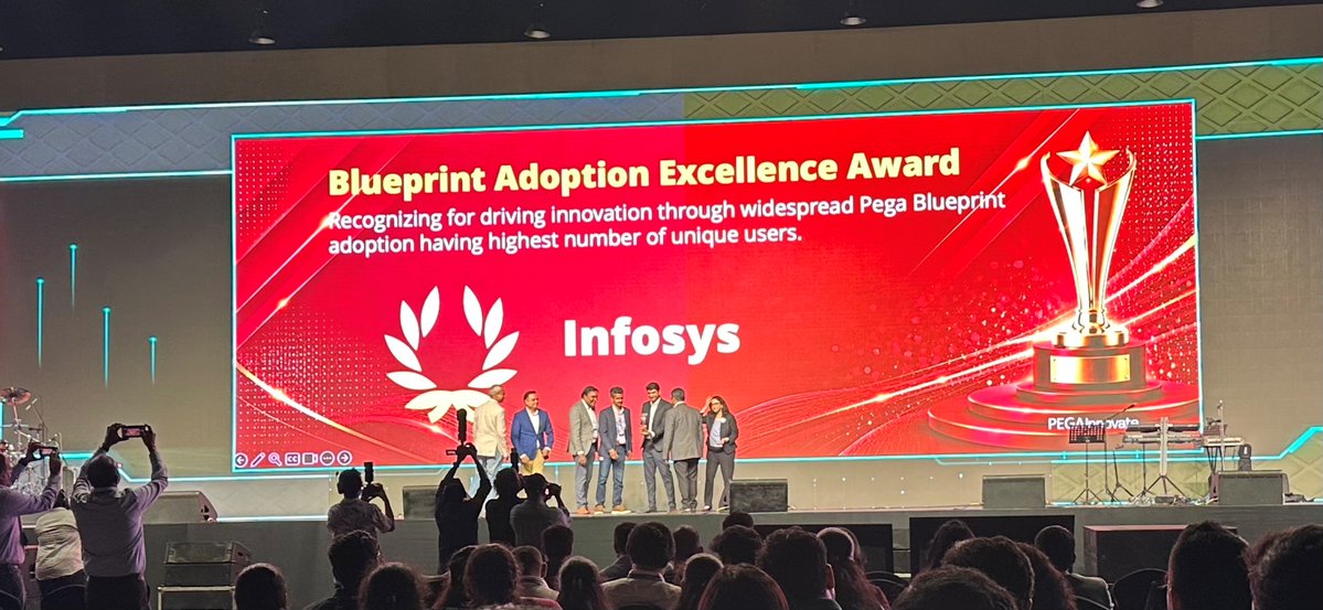 Infosys's tweet photo. Proud to be recognized at #Pega Innovate Hyderabad 2026 with the #PegaBlueprint Adoption Excellence Award.
This award recognizes Infosys for driving widespread Pega Blueprint adoption and achieving the highest number of unique users. A testament to our commitment to innovation, #AI driven transformation, and delivering greater value for our clients.
Thank you to Pega, our clients, and our teams for making this achievement possible.
#PegaInnovate2026 #Innovation #DigitalTransformation
