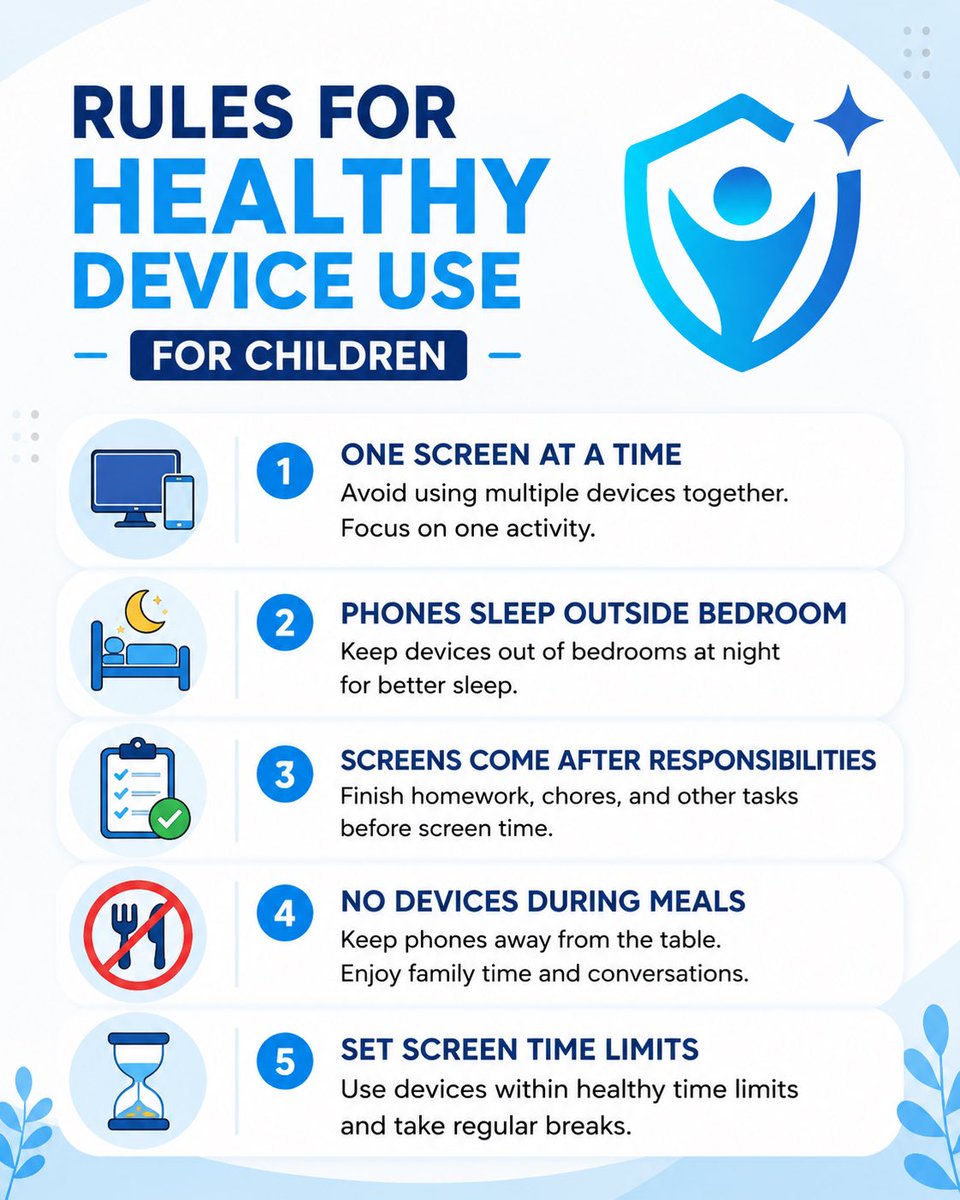SafeAnywhereai's tweet photo. A few simple device rules can build healthier screen habits for kids.
✔️ One Screen at a Time
✔️ Phones Sleep Outside the Bedroom
✔️ Screens Come After Responsibilities
✔️ No Devices During Meals
✔️ Set Daily Screen Time
#safekids #childsafety https://t.co/69bvK8axLf