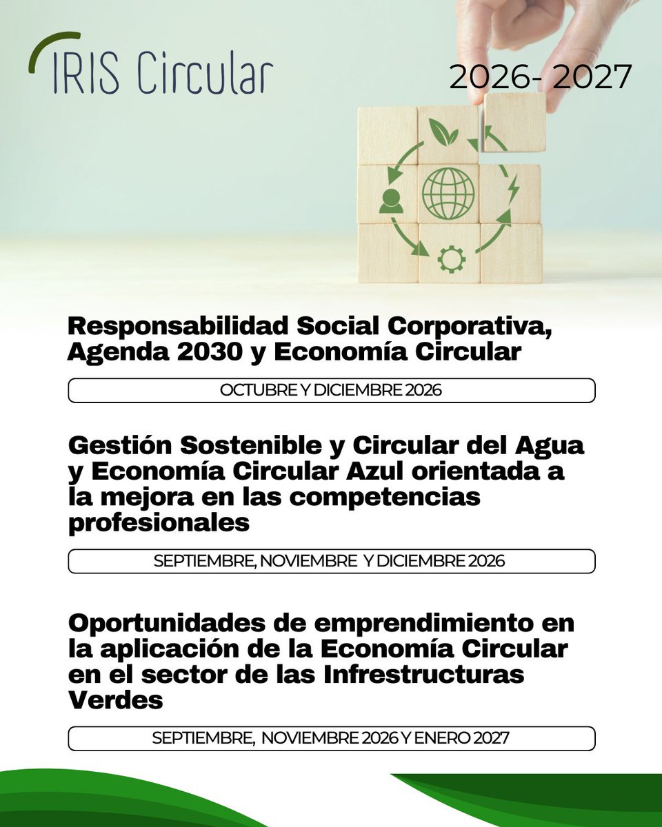 IRIS_Circular's tweet photo. 🚀 ¡Ya está aquí el nuevo calendario de formaciones de #IRISCircular 2026-2027!

♻️ 10 temáticas clave
💚 Formación 100% gratuita
🎓 Certificado con el 60% de asistencia

https://t.co/X2CjKjFyo7

#empleaverdeplus #fondoseuropeos #FSEPlus
@Fbiodiversidad @EU_Social @FondosUE_Esp https://t.co/zrTJi9tEgk