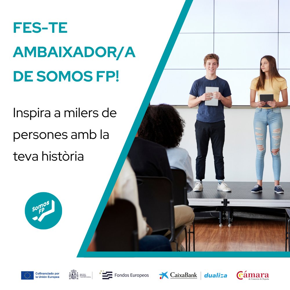 CambraBCN's tweet photo. T’agradaria formar part de la xarxa d’ambaixadors/es del programa #SomosFP? Pots convertir-te en una peça clau de la divulgació de la #FormacióProfessional i una font d’inspiració per a moltes persones.

Si tens més de 18 anys, has acabat l’FP o l’estàs cursant i ja has començat la formació en una empresa, t’estem buscant!

👉 Informa’t aquí: https://t.co/wnZdrDs1fP

#EuropaSeSiente #CambraBCN