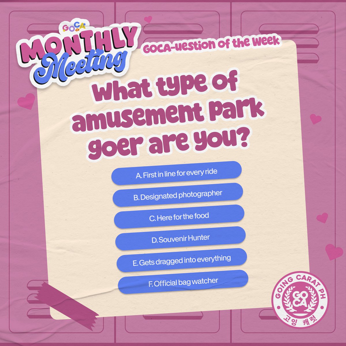 goingcaratph's tweet photo. The return of GOCA-uestion of the Week! 💎

And since our first MOMEET is taking us to EK, what type of amusement park goer are you?🎢

Drop yours below or expose your CARAT friends! Be truthful... we might find out at MOMEET anyway👀 #SeventeenMonthlyMeeting #GoingCaratPH https://t.co/HtTbH70jKT