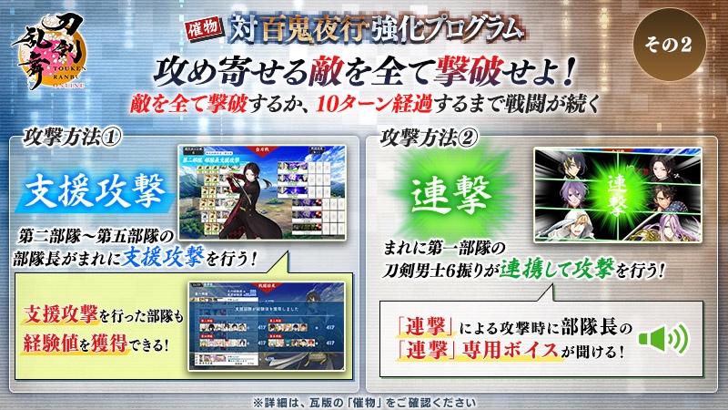 TOUKEN_STAFF's tweet photo. (1/2)
【催物情報】
「対百鬼夜行強化プログラム」へ出陣する際に、第二部隊、第三部隊、第四部隊、第五部隊を編成している場合、戦闘時に支援部隊としてまれに部隊長が「支援攻撃」を行います。また、支援攻撃を行った部隊も経験値を獲得できます���
#刀剣乱舞 #とうらぶ https://t.co/miBH9r8qrP