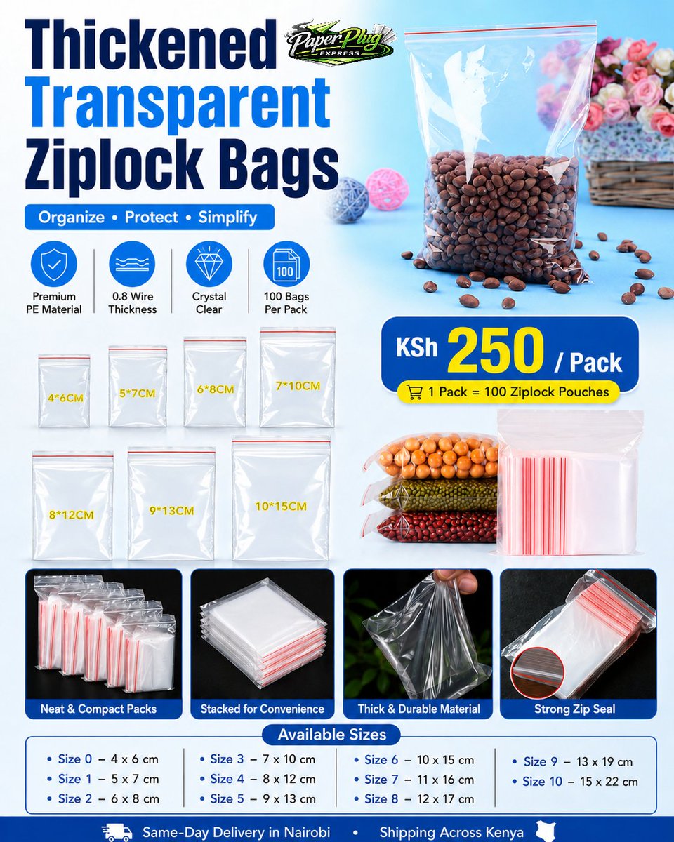 PaperPlugExpres's tweet photo. Strong, clear and reusable ✨ Transparent Ziplock Bags available in multiple sizes at KSh 250 per pack (100 pcs).
https://t.co/z7aCtNygpW
DM Paper Plug Express to order 📩
#ZiplockBagsKenya #PackagingKenya #PaperPlugExpress https://t.co/z0GpHzVyFN
