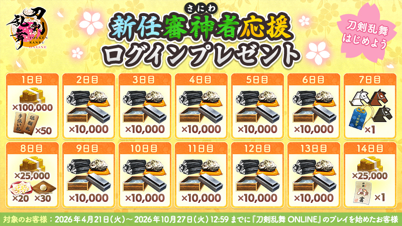 TOUKEN_STAFF's tweet photo. (1/3)
【新任審神者応援ログインプレゼント】
新しく『刀剣乱舞ONLINE』のプレイを始めた方への新任応援として、「新任審神者応援ログインプレゼント」を実施いたします。
＜実施期間＞7月28日(水)メンテナンス終了時～10月27日(火)12:59
#刀剣乱舞 #とうらぶ https://t.co/oI5H1pkdRa