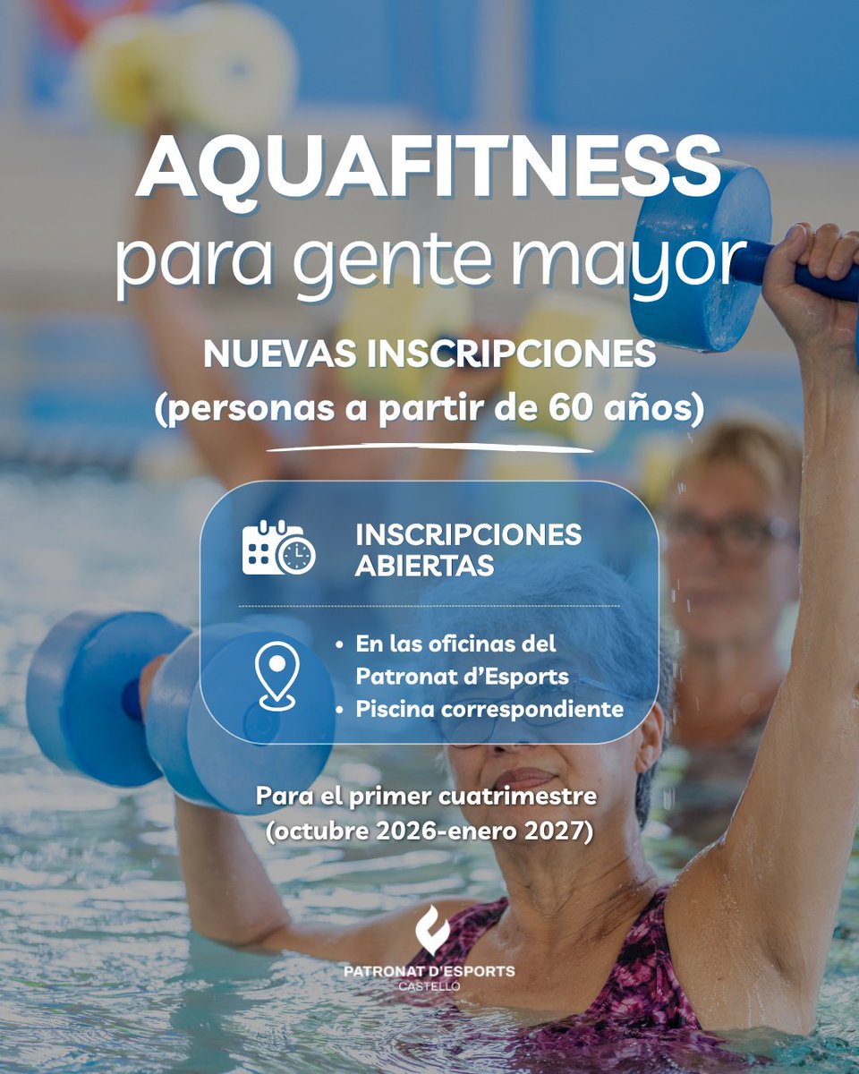 PatronatEsports's tweet photo. 💦 Si tienes 60 años o más, ya puedes apuntarte a las clases de #Aquafitness para el primer cuatrimestre (octubre 2026 – enero 2027).
📍 Piscinas Castalia y Emilio Fabregat.
💳 57,65€ por cuatrimestre.

#CastellónEsDeporte https://t.co/7Izw5D4CUf