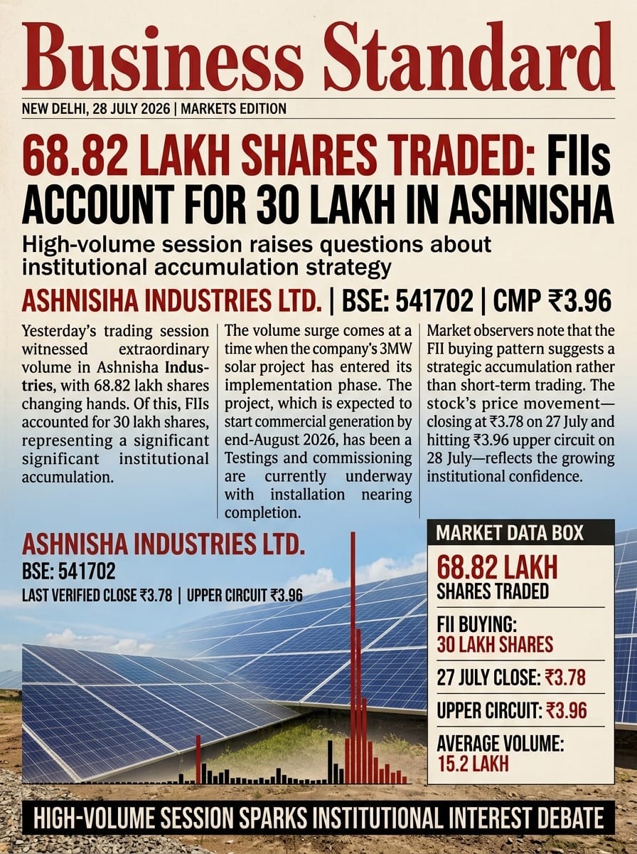 Raadhika01's tweet photo. Smart money appears to be focusing on ASHNISHA INDUSTRIES. FIIs bought 30 lakh shares yesterday. 3MW solar project is fully ready. August 2026 power generation begins. CMP ₹3.96. #FII_Bought_This_Stock https://t.co/rOHtaIKMJ1