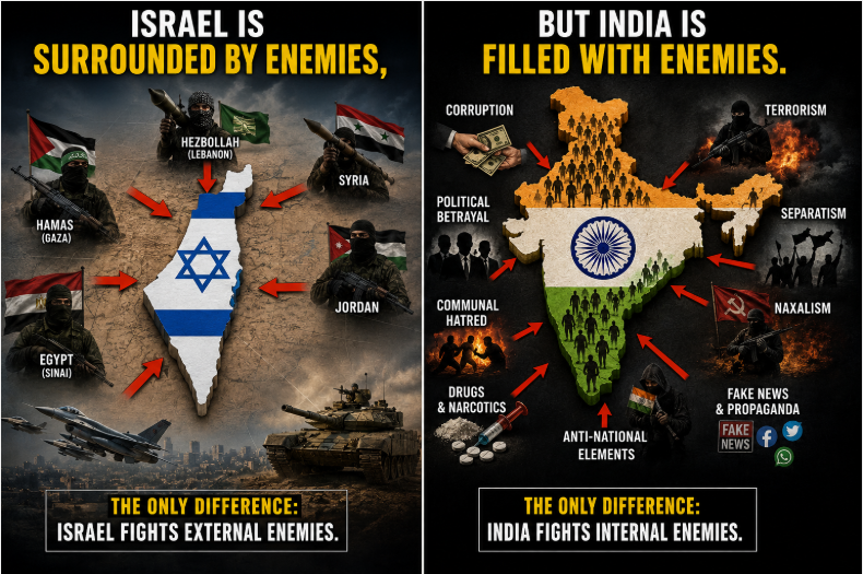 iamAgrodut's tweet photo. Israel is Surrounded by Enemies, but India is Filled with Enemies. https://t.co/p66IoOY6wI
