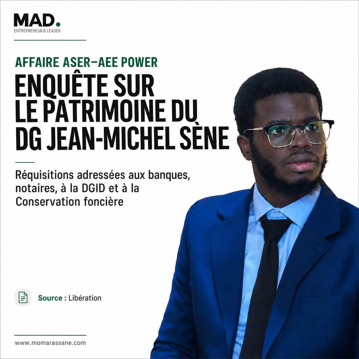 Noo_IDcard's tweet photo. 🚨 AFFAIRE ASER–AEE POWER : UNE ENQUÊTE SUR LE PATRIMOINE DU DG JEAN-MICHEL SÈNE

La Section de recherches de Dakar enquête sur Jean-Michel Sène, directeur général de l’ASER, sur instruction du parquet financier, rapporte Libération.

Dans le cadre des investigations, des réquisitions ont été adressées :

à la Conservation foncière ;

à la Direction générale des impôts et des domaines ;

aux notaires ;

aux établissements bancaires.

L’objectif est de recueillir des informations sur son patrimoine dans le dossier AEE Power. Seydou Kane et José Ángel González seraient également concernés par les investigations.

Cette affaire comprend plusieurs procédures :

Septembre 2024 : plainte d’AEE Power EPC SA pour tentative d’escroquerie, faux, usage de faux et manœuvres frauduleuses ;
Janvier 2025 : ouverture d’une enquête de la DIC après une plainte de l’Agent judiciaire de l’État concernant une quittance présumée fausse de 918 339 800 FCFA ;
Octobre 2025 : plainte contre X déposée par Thierno Alassane Sall pour faux, usage de faux et détournement présumé de deniers publics ;
23 mars 2026 : saisine d’un juge d’instruction par le procureur financier.

L’enquête, évoquée publiquement par Ousmane Sonko, se poursuit. À ce stade, les personnes citées bénéficient de la présomption d’innocence.