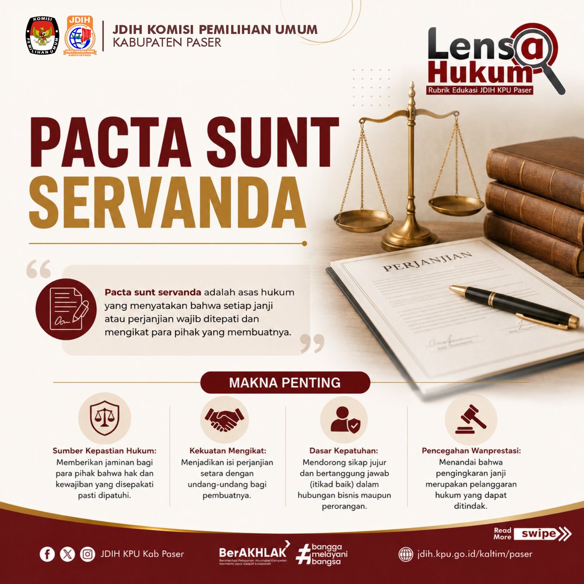 KpuKab62388's tweet photo. Hai #SobatJDIH, Janji politik bukan sekadar strategi mencari suara. Ingat asas Pacta Sunt Servanda: setiap janji adalah kesepakatan yang mengikat dan wajib ditepati dengan itikad baik.
#LensaHukum #JDIHKPUPaser #KPU #EdukasiHukum #IstilahHukum #PactaSuntServanda https://t.co/2jGXqEUuA8