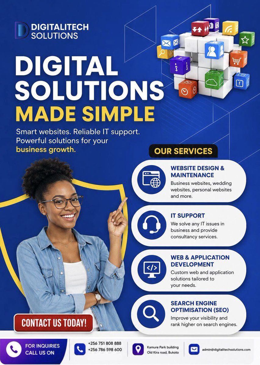 DigitaliTechug's tweet photo. Struggling with tech issues or need a stunning website? We’ve got you covered. 

Reach out to Digitalitech today. 
📞 +256 751 808 888 / +256 786 598 600
📧 admin@digitalitechsolutions.com

#DigitalitechUg https://t.co/Xi1vHRVVor