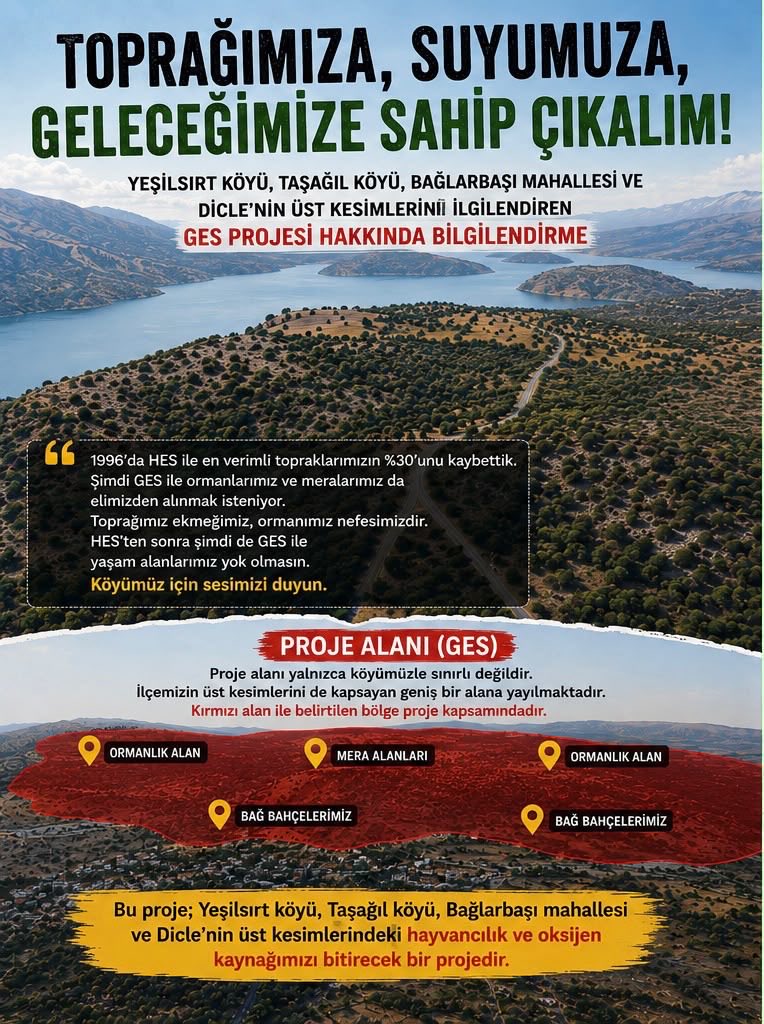 kamurantanhan47's tweet photo. Dicle’de Yeşilsırt, Taşağıl ve Bağlarbaşı mahallelerinin tam ortasına kurulmak istenen GES projesine karşı halkın itirazı çok açık:
Yerleşim alanlarının hemen yanı başında planlanan bu proje; ormanların ve meraların yok edilmesi, ağaç kıyımı, hayvancılığın zarar görmesi, su kaynaklarının kirlenmesi ve doğanın tahrip edilmesi gibi ciddi riskler barındırıyor.
Enerji ihtiyacını karşılamak adına doğayı, yaşam alanlarını ve halkın geçim kaynaklarını yok sayan projeler kabul edilemez.
Dicle’nin merasını, ormanını, suyunu ve yaşam alanlarını savunuyoruz. Halkın itirazı dikkate alınmalı, bu proje yaşam alanlarının dışına taşınmalıdır!
 
#Dicle #GES #DoğamızaDokunma #YaşamAlanlarımızıSavunuyoruz 
@amed_ekoloji