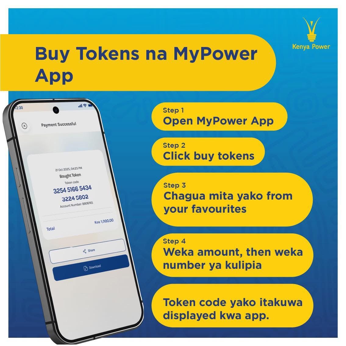 KenyaPower_Care's tweet photo. Still waiting for a token SMS? 
 
Switch to MyPower App and get your code displayed immediately!
 
It’s as easy as:
Open > Click > Chagua Mita > Weka Amount.
 
It is fast, reliable, and always at your fingertips. 
 
Get the App today! ^LN
 
#PoweringLives
#PamojaTwangaa
#TwendeDigital
 
https://t.co/WSOUJ47OYa