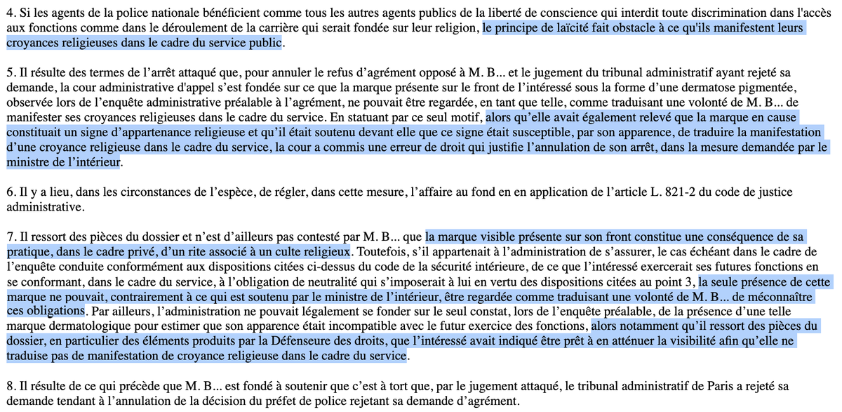 N_Hervieu's tweet photo. Laïcité : Le @Conseil_Etat annule un refus d’agrément pour être policier lié à une marque de « tabâa » sur le front.

Car *en l'espèce* la marque (née d'une pratique religieuse en privé) ne révèle pas la volonté de manifester ses convictions en service.

Et de violer la laïcité. https://t.co/7YIGbAfqn1