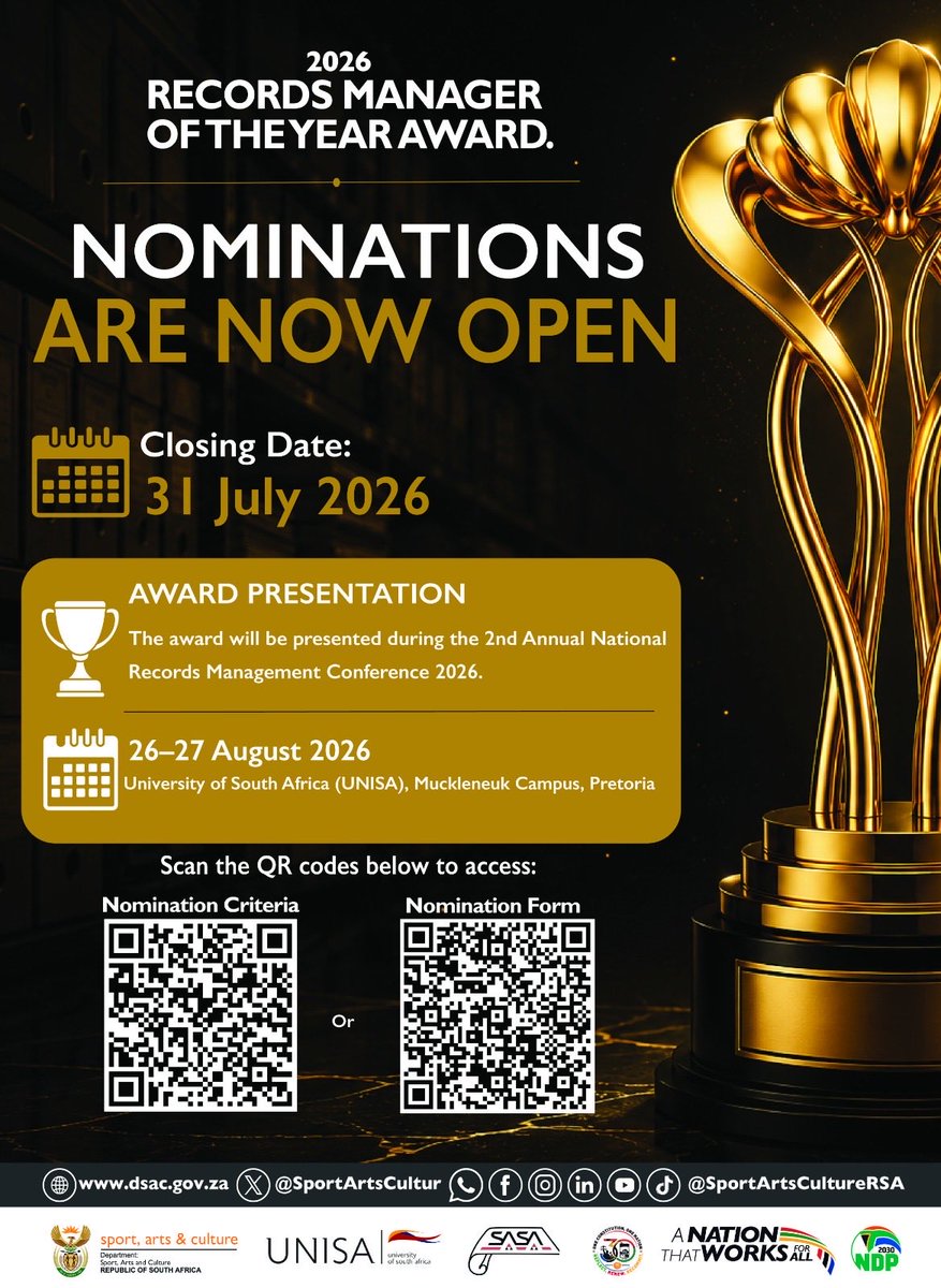 SportArtsCultur's tweet photo. The Records Manager of the Year Award is an excellent way to recognise excellence in records and information management across government.
Nominate those you believe in.
More: https://t.co/2kd9mTf503
🗓️: 31 July 2026
#InspiringANationOfWinners
#RecordsManager https://t.co/schxrrFZKW