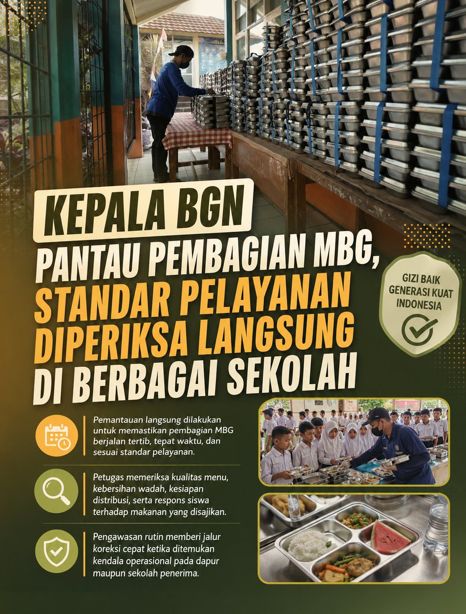 Meiraaash's tweet photo. Kepala BGN turun langsung pantau pembagian MBG di sekolah. Pastikan standar pelayanan demi gizi baik generasi Indonesia! #jagaindonesia #makanbergizigratis #generasikuat https://t.co/weExfB60FO