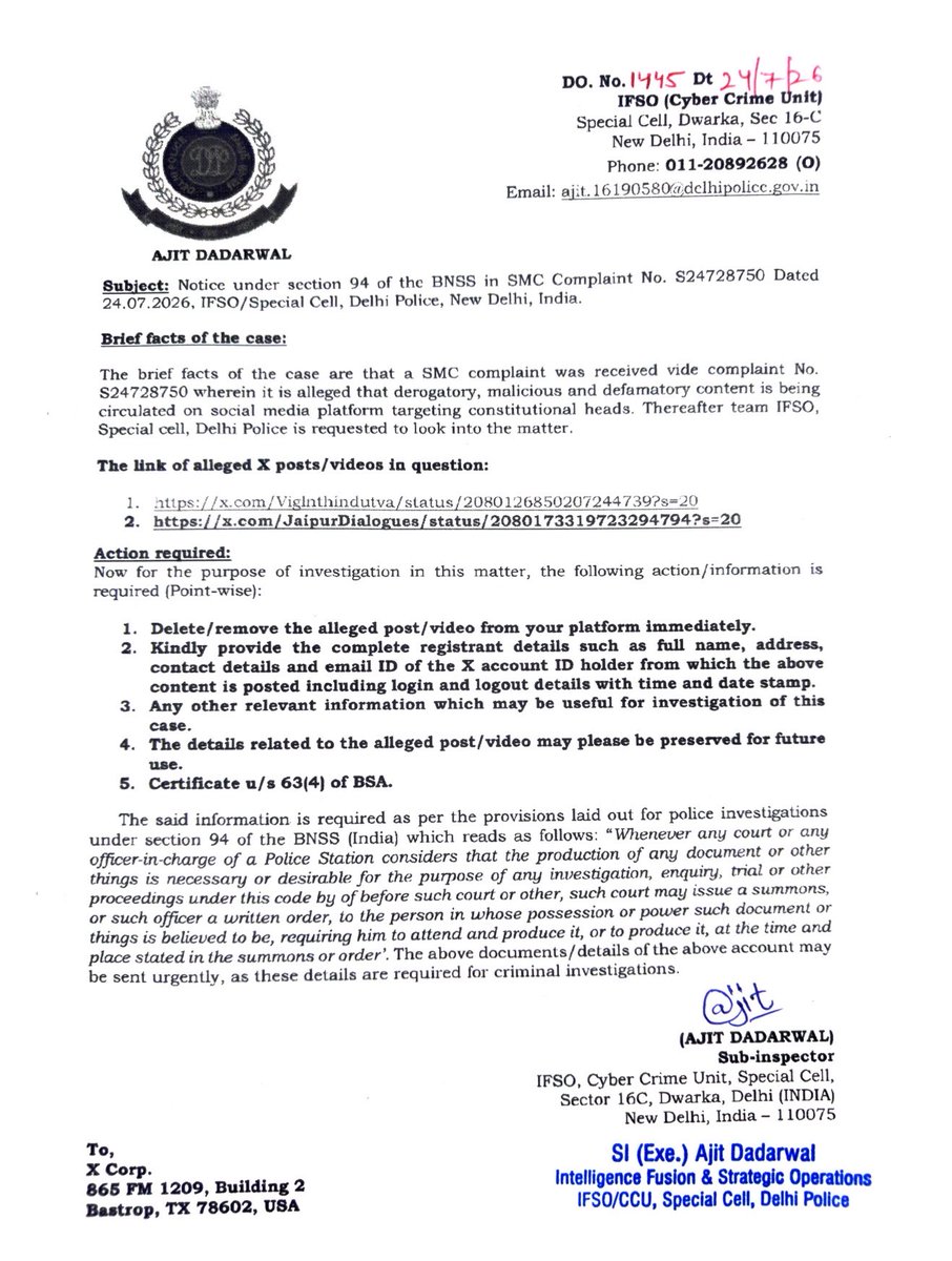 JaipurDialogues's tweet photo. Anyone who has received such Notices from Delhi Police please share it to us on DM 

It will be taken care of and nothing to worry https://t.co/A4hIk3g2Ad