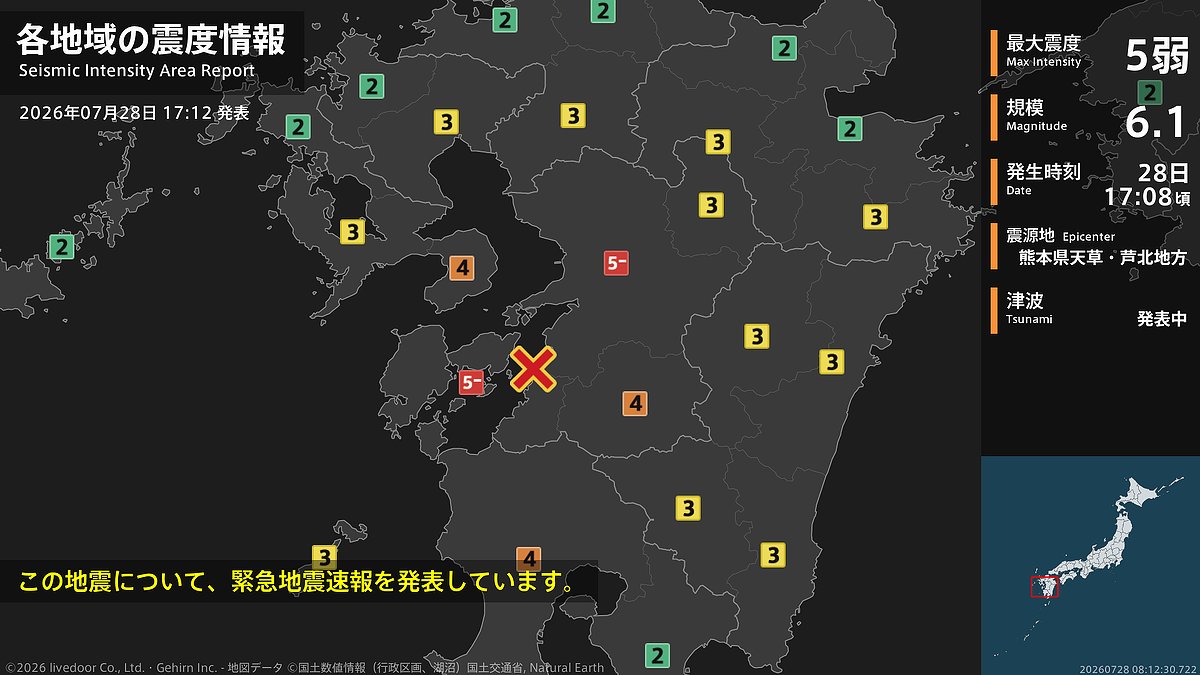 livedoornews's tweet photo. 【地震速報】熊本県で最大震度5弱の地震が発生(17:08頃発生)
https://t.co/cjubJqlplS

17時8分頃、熊本県天草・芦北地方を震源とする地震が発生。震源の深さはごく浅い、地震の規模はM6.1、最大震度5弱を熊本県で観測している。津波警報等（大津波警報・津波警報あるいは津波注意報）を発表中。 https://t.co/UcjK07Egei