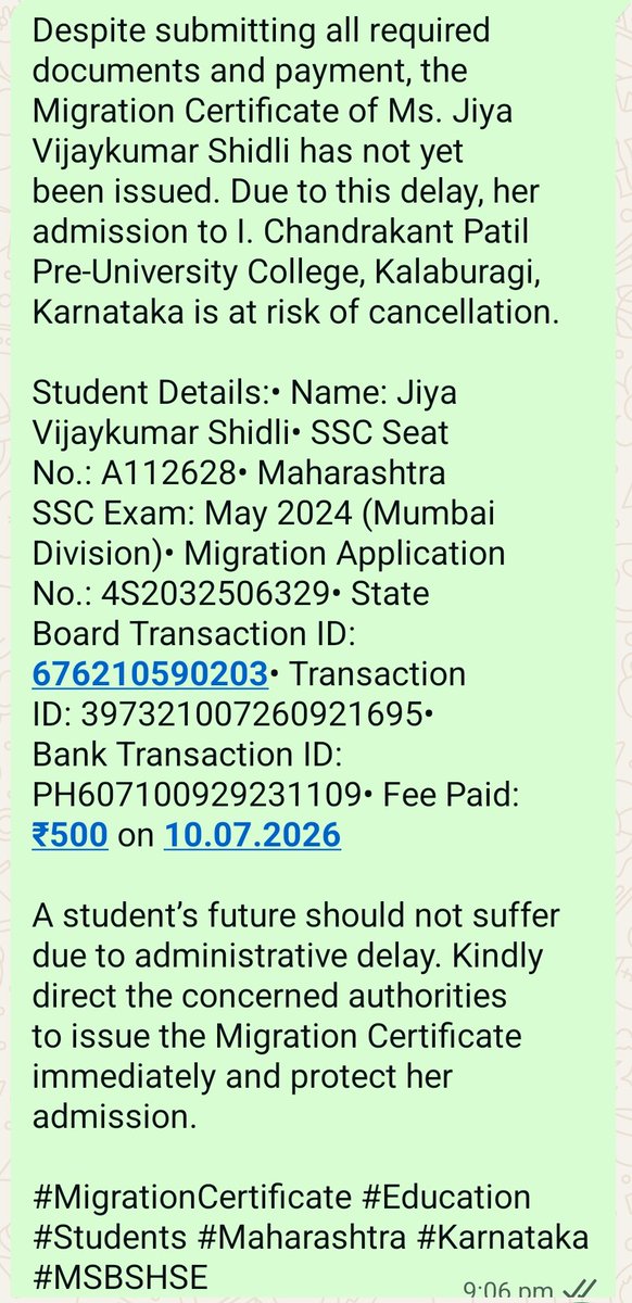 DrSanthe's tweet photo. Urgent intervention requested. @Dev_Fadnavis @CMOMaharashtra @MahaChiefSec @dadajibhuse #MSBSHSE Kindly issue the Migration Certificate of Ms. Jiya Vijaykumar Shidli immediately. Her admission in Karnataka may be cancelled due to administrative delay. Please protect the student's https://t.co/iACARLWq37