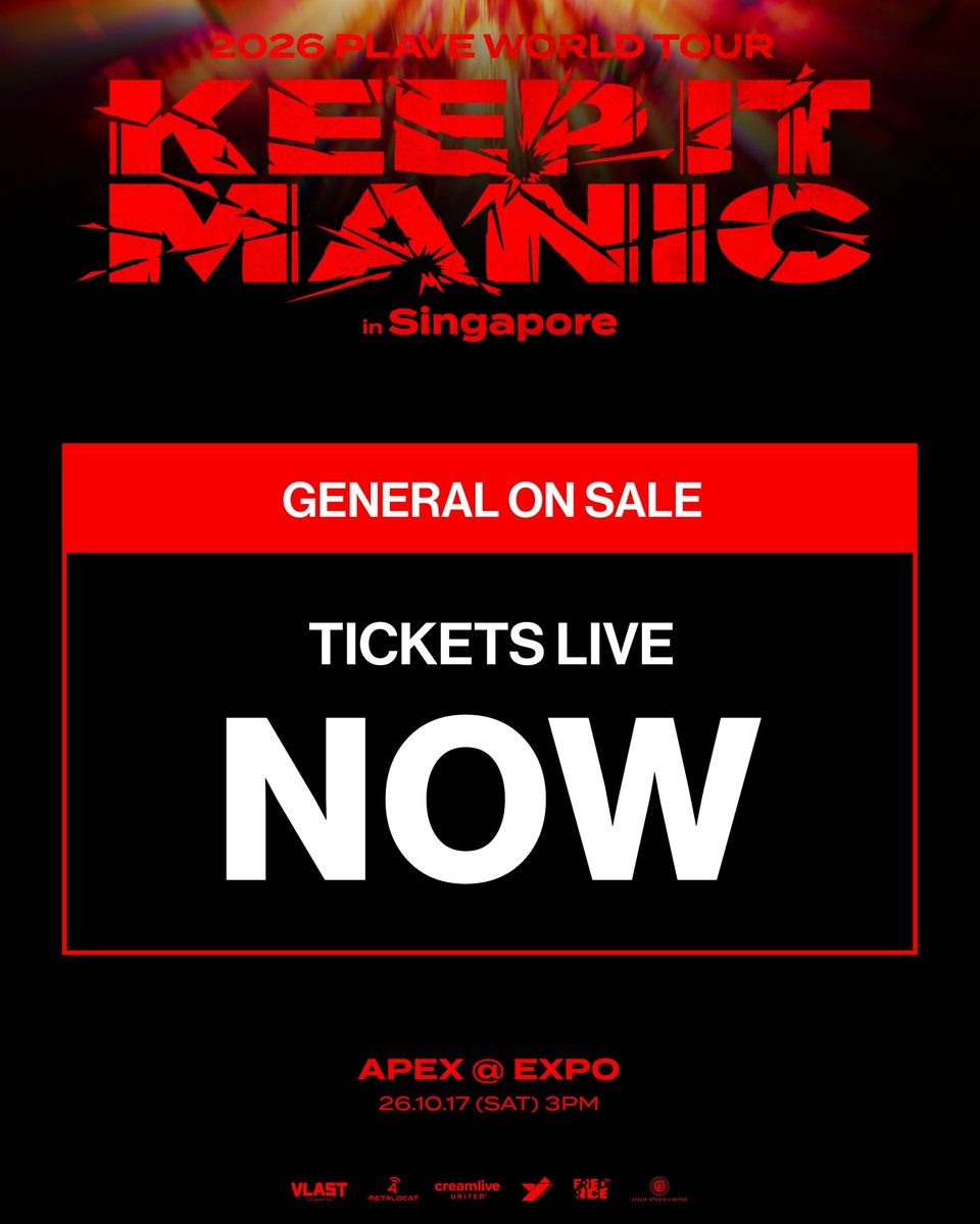 friedrice_live's tweet photo. PLLIs, hurry up and make a 𝘿𝙖𝙨𝙝 for your tickets because the general on sale is 𝐍𝐎𝐖 𝐋𝐈𝐕𝐄! —͟͟͞͞★

🇸🇬 2026 PLAVE World Tour [KEEP IT MANIC] in Singapore

📅 Date: 17 October 2026 (Sat)​​
⏰ Time: 3PM
📍 Venue: APEX @ EXPO
🎫 Ticket Prices: VIP - $328 / CAT 1 - $278 / CAT 2 - $238 / CAT 3 - $198 / CAT 4 - $158

🔗 Ticketmaster: https://t.co/E4Md9YHIzo

#PLAVE #플레이브
#2026_PLAVE_World_Tour
#KEEP_IT_MANIC
#KEEP_IT_MANIC_in_Singapore
#2026_PLAVE_World_Tour_in_Singapore
#FriedRiceEnt #YJPARTNERS