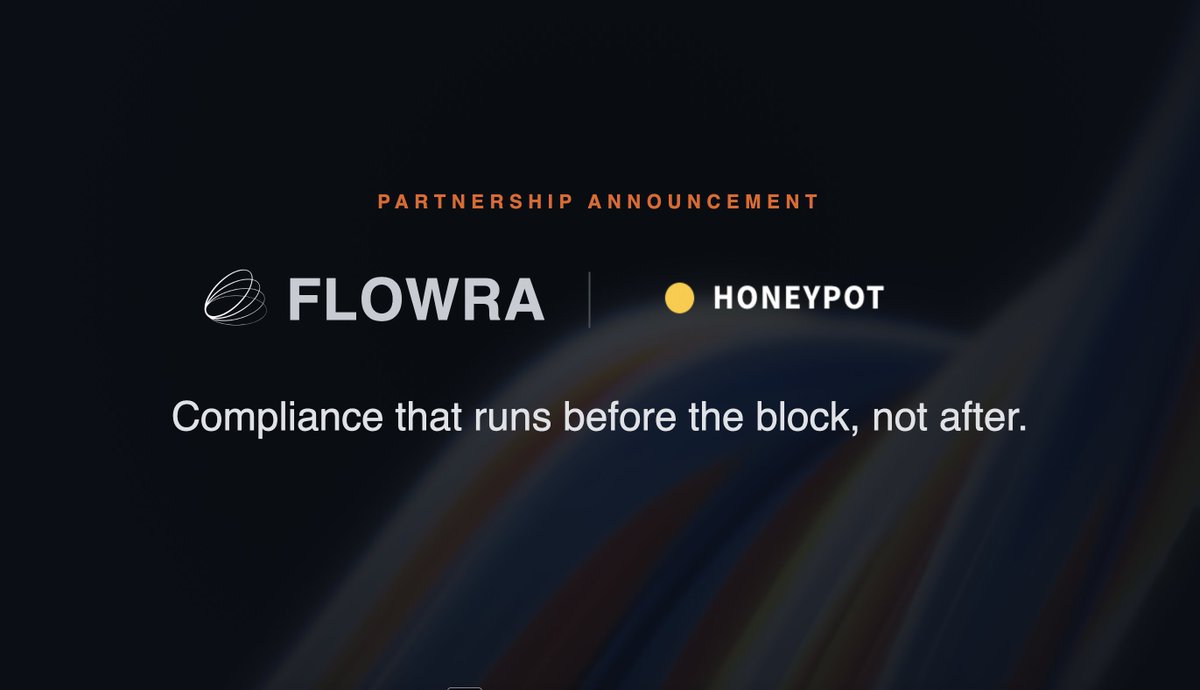 Flowra_sol's tweet photo. @Flowra_sol and Honeypot (https://t.co/LWntPhWCaV) are now working together to bring compliance screening to block construction.

Sanctions exposure, sanctioned jurisdictions, VPN and proxy obfuscation, and wallet risk, evaluated before a transaction enters the block rather than flagged after it has already landed.

This is big for @solana's future and potential.