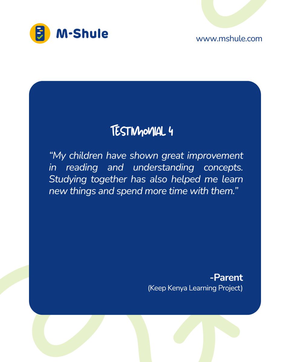 OurMShule's tweet photo. Swipe through to read the rest of the stories. Your testimony could be next.

📞 0794 716 269
📧 partnerships@m-shule.com

Connect with us on social media: https://t.co/ynSBnsflI4

#EducationForAll #DigitalLearning #EdTech https://t.co/I3GvXebl05