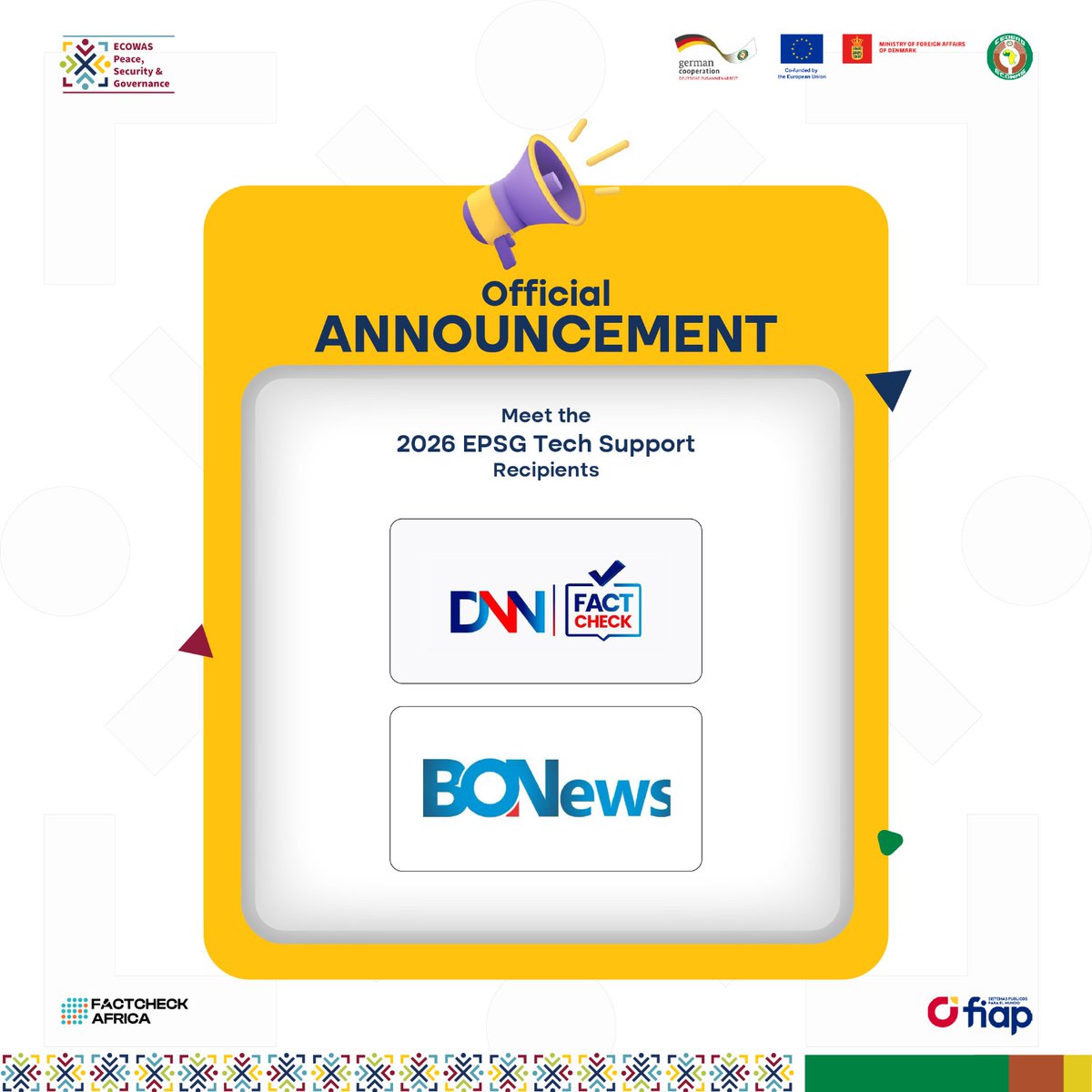FactC_Africa's tweet photo. 📢Announcing the Recipients

We are pleased to introduce @DNNfactcheck &amp; @BONewsService- the 2 organisations selected to receive the 2026 EPSG Tech Support for Fact-Checking Platforms in Nigeria under the EPSG Project implemented by @fiap_es in collaboration with FactCheckAfrica. https://t.co/aJ3dJUcDgW