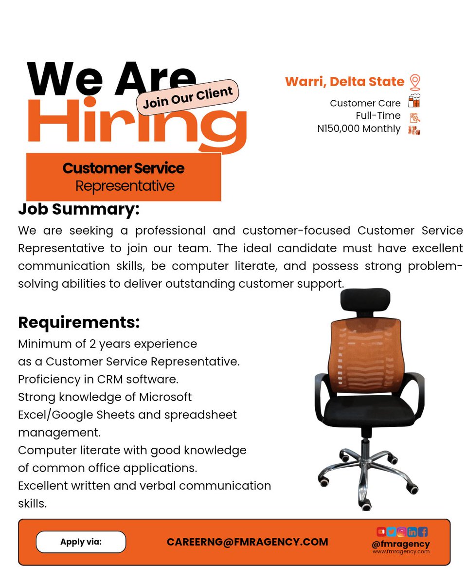 FmrAgency's tweet photo. Job Title: Customer Service Representative
Location: Warri, Delta State
Salary: ₦100,000 – ₦150,000

How to Apply:
Interested and qualified candidates should send their applications to: careerng@fmragency.com with the job title as subject of the mail https://t.co/gj6zOFcHbx