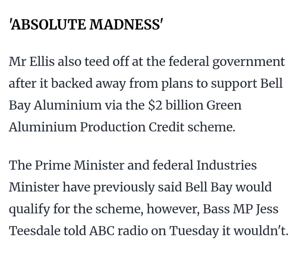 felix_ellis's tweet photo. This broken promise, confirmed by the @ExaminerOnline, will cost Bell Bay Aluminium $300m. 

They currently pay 75% less for power than the average Tasmanian household, while accounting for 25% of our total power load. 

Those are the facts #politas https://t.co/faBbrAUsB9