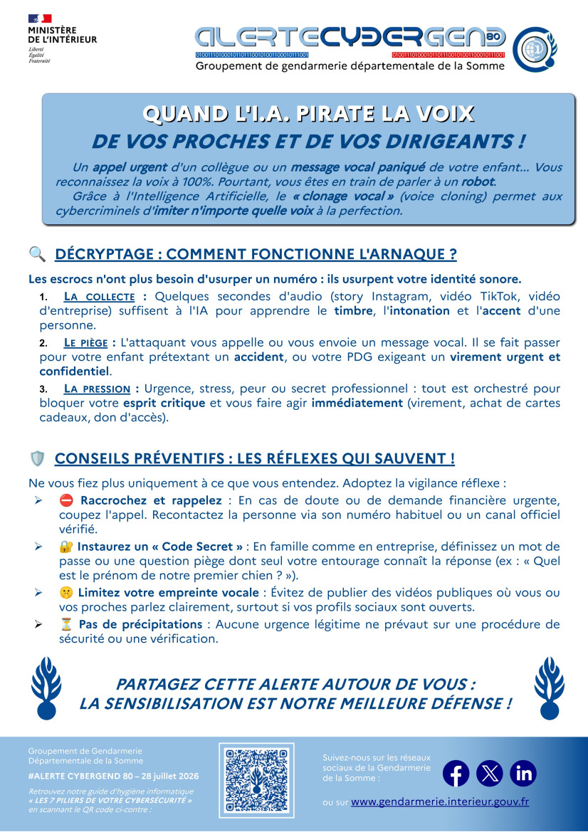 Gendarmerie_080's tweet photo. 💻 #CyberGend
⚠️ L'arnaque au clonage vocal se développe.
📲 Consultez le visuel ci-dessous pour découvrir les bons réflexes à adopter. https://t.co/PcVvArKF4s