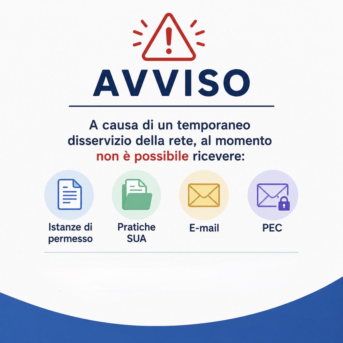 PortodiTaranto's tweet photo. ⚠️AVVISO
A causa di un temporaneo disservizio della rete, al momento non è possibile ricevere:
📄 Istanze di permesso
📑 Pratiche SUA
📧 e-mail
📮 PEC

Ci scusiamo per il disagio. https://t.co/RUXVlWGRDU