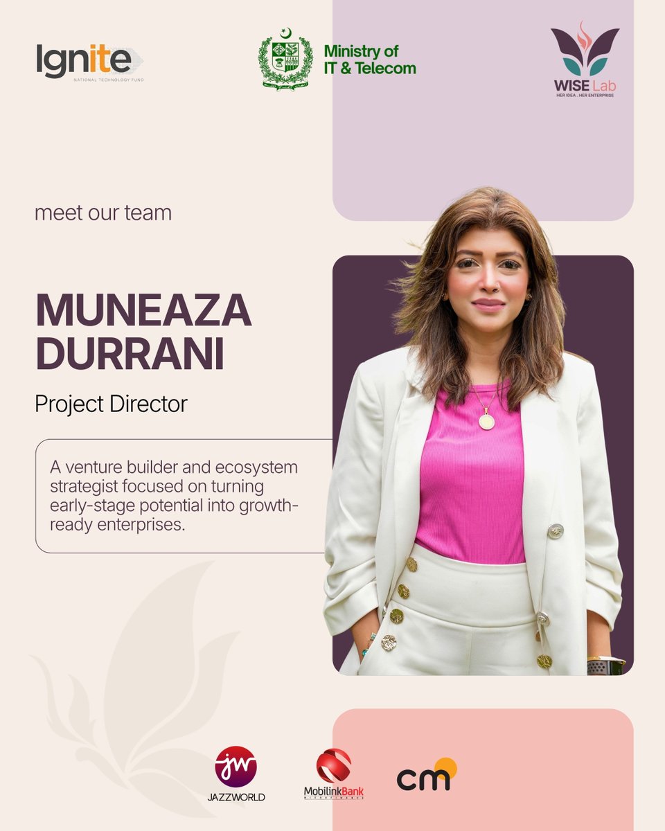 wise_labpk's tweet photo. Meet Muneaza Durrani, Project Director at WISE Lab—leading the vision and building the ecosystem where women founders can access mentorship, markets, capital and opportunity.

Leading the flightpath. Backing women who build.

#WISELab #HerIdeaHerEnterprise https://t.co/r4qU0MVRL5