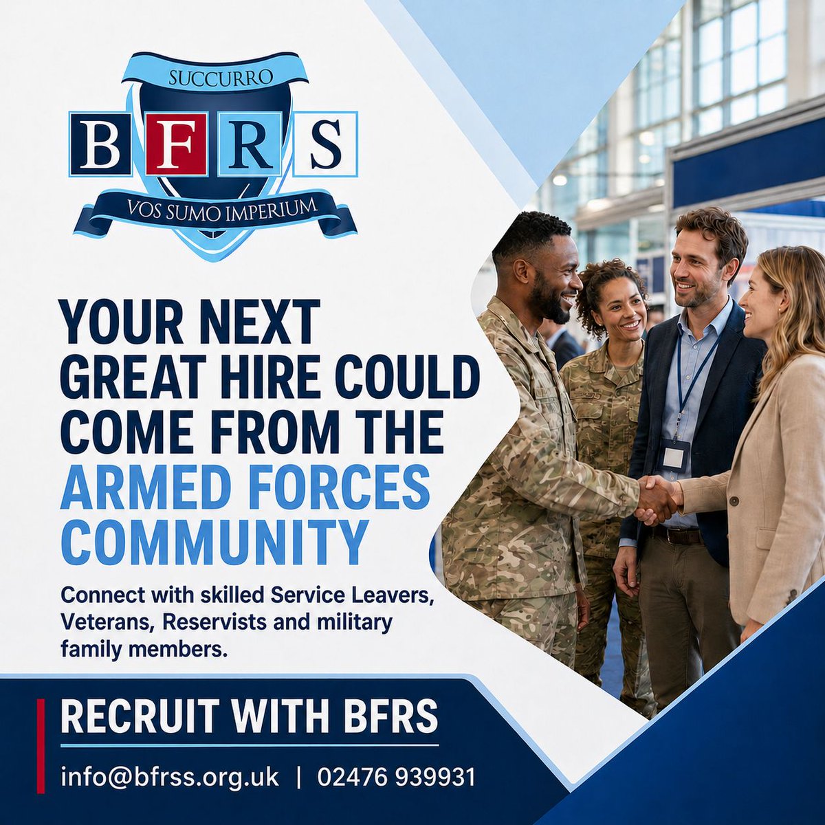 _BFRS_'s tweet photo. Looking for your next great hire?

BFRS connects employers and training providers with skilled Service Leavers, Veterans, Reservists and military families through Careers Fairs, online opportunities and targeted campaigns.

info@bfrss.org.uk | 02476 939931
#VeteranRecruitment https://t.co/eLM56JuMnF