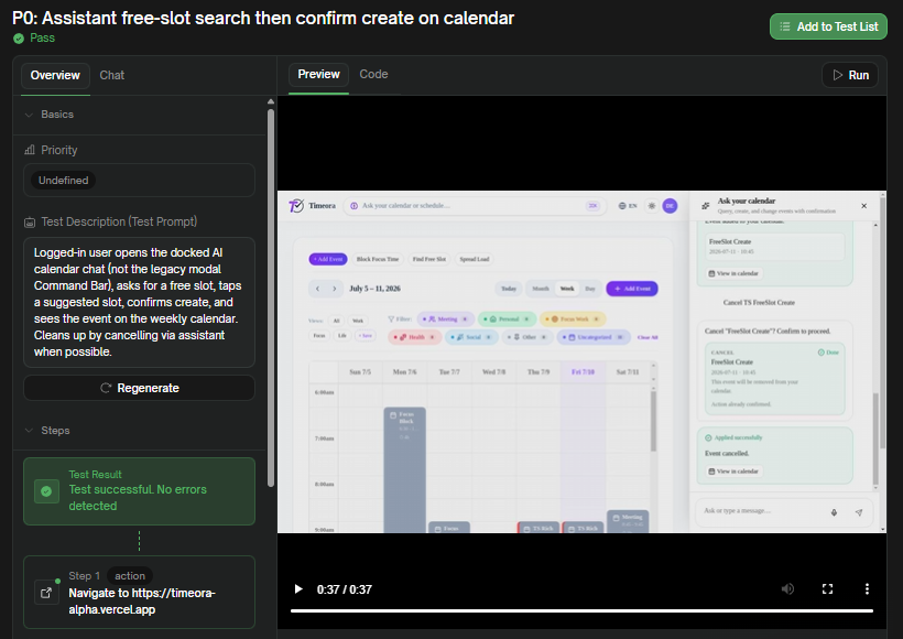 ArdinPrayoga's tweet photo. One of my favorite TestSprite test cases was the free-slot scheduling flow. It checked whether Timeora’s AI could find an available time, suggest a slot, confirm it with the user, and add the event to the calendar. I liked it because it covers the app’s core flow, and it passed✅ https://t.co/6OeMXSUn16