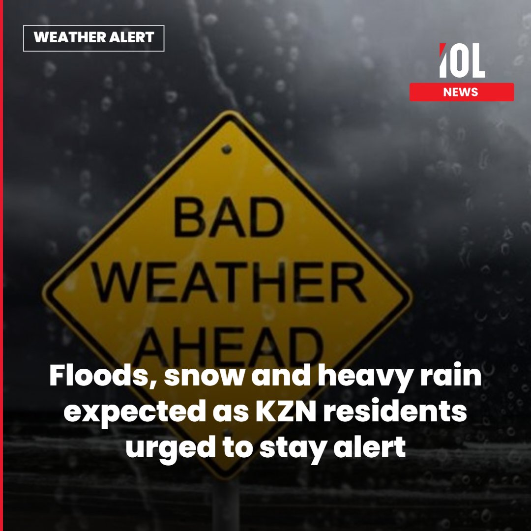 IOL's tweet photo. KZN braces for disruptive weather as floods, snowfall and heavy rain threaten communities. Authorities urge vigilance amid rising risks of road closures, damage and safety hazards across multiple districts. 
Read on: https://t.co/nzxrPejjyW
#KZNWeather #FloodWarning #SnowAlert #HeavyRain #DisasterRisk