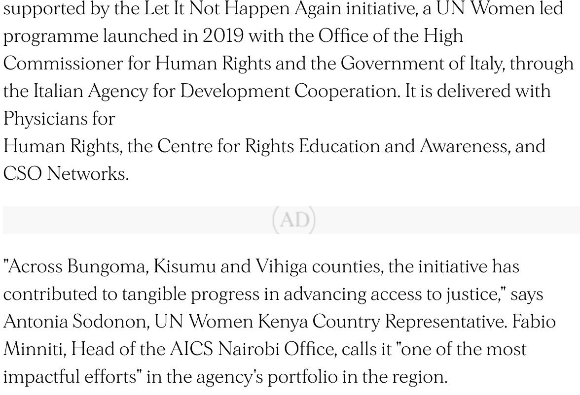 unwomenkenya's tweet photo. Did you know?

Funded by @AICS_Nairobi, the #LetItNotHappenAgain initiative, led by @unwomenkenya with @UNHumanRights &amp; implemented alongside @CSONetwork, @PHRKenya, @CREAWKenya, is helping women human rights defenders expand survivors' access to justice.

https://t.co/xuoixO3k1T https://t.co/WXZ3AmACJn