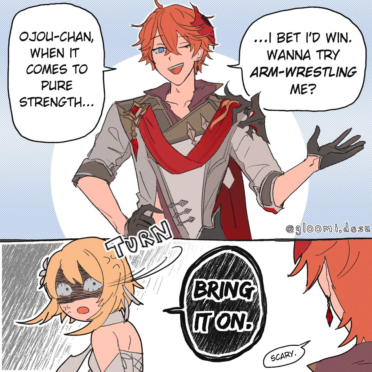 cosmichumanlove's tweet photo. Chilumi art of gloomi_desu

Celestial human arm wrestle match

Loke challenge Lucy to show her own strength and win. Lucy fiercely accepted it. But he tricked her by not fisting her hand and let her take down his arm. Then he caught her hand in fist to defeat her .
Silly banter https://t.co/aENA3JEGzX