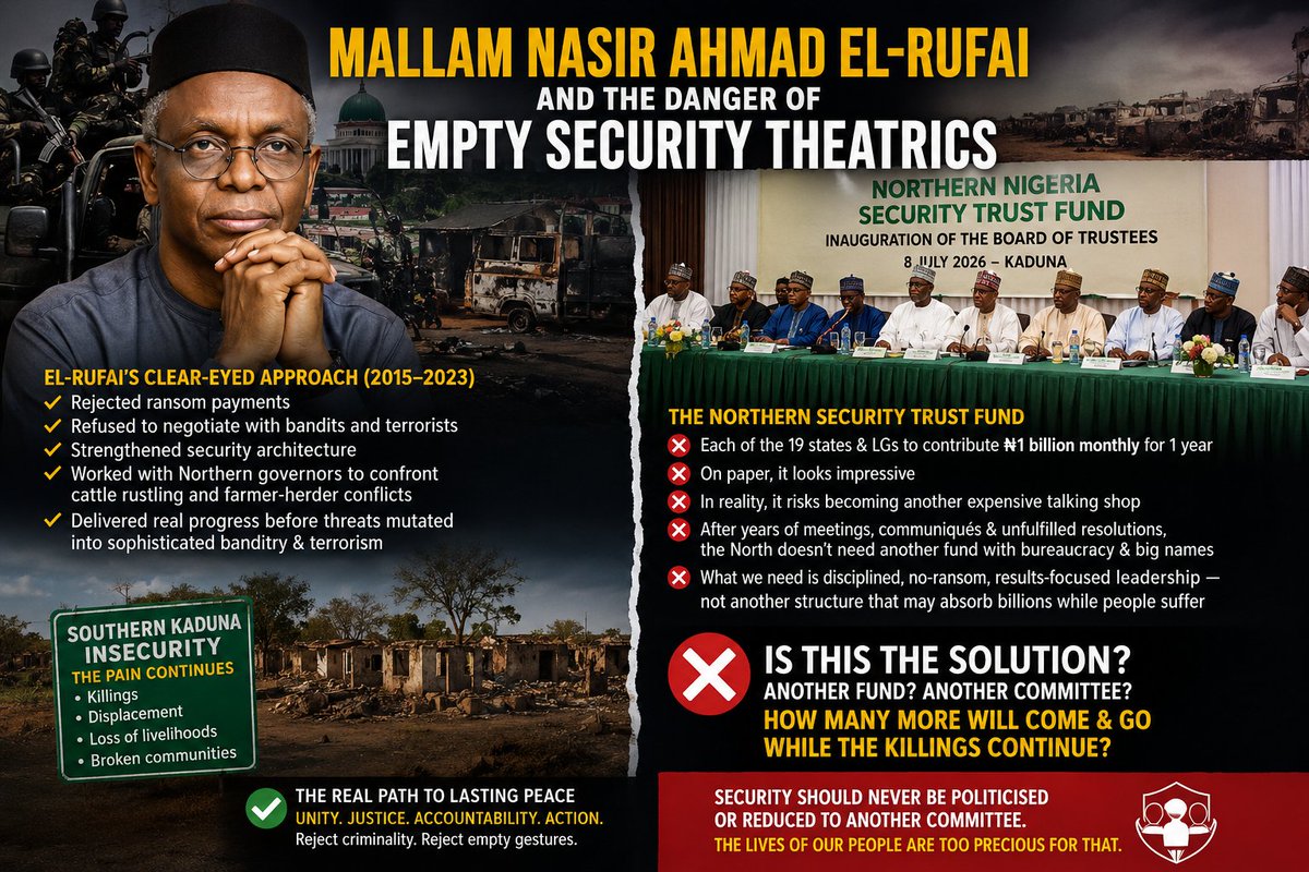 aliyuwali220's tweet photo. MALLAM NASIR AHMAD EL-RUFAI AND THE DANGER OF EMPTY SECURITY THEATRICS

For years, critics have tried to make Mallam Nasir Ahmad El-Rufai the convenient scapegoat for insecurity and killings in Southern Kaduna. These claims have been repeated endlessly, yet they still lack the one thing that matters: clear, verifiable evidence linking him personally to the attacks.

During his time as Governor of Kaduna State (2015–2023), El-Rufai took a firm and consistent position. He rejected the payment of ransom, refused to negotiate with bandits and terrorists, and insisted that such concessions only invite more violence. He focused on strengthening security architecture and worked with other northern governors to confront cattle rustling and farmer herder conflicts. Those efforts delivered real progress before the threat mutated into the more sophisticated banditry and terrorism now seen across the North.

That clear eyed approach stands in sharp contrast to the recent initiative by the Northern States Governors’ Forum. On 8 July 2026 in Kaduna, the governors inaugurated the Board of Trustees of the so called Northern Nigeria Security Trust Fund. They announced that each of the 19 states and their local governments would contribute 1 billion monthly for one year.

On paper it looks impressive. In reality, it risks becoming another expensive talking shop. After years of meetings, communiqués and unfulfilled resolutions, the North does not need another fund layered with bureaucracy and retired big names. What it needs is the kind of disciplined, no ransom,results focused leadership El-Rufai @elrufai practised  not the creation of yet another structure that may absorb billions while ordinary people continue to suffer.

The same governors who now present this Trust Fund as a landmark step have largely continued policies that have not delivered decisive results. The persistence of insecurity under the current approach only confirms what El-Rufai always maintained: this is a complex national crisis, not the failure of one individual. Turning insecurity into political theatre or creating new institutions without hard accountability does not protect lives.

Whether one agrees with every decision El-Rufai made or not, his insistence on evidence, principle and action remains far more serious than the latest regional announcement. Lasting peace in Southern Kaduna and across the North will not come from photo opportunities and monthly contributions that may never translate into real security on the ground. It will come from unity, justice, accountability, and the courage to reject both criminality and empty gestures.

Security should never be politicised or reduced to another committee. The lives of our people are too precious for that.

What is your opinion? 

Do you believe Kaduna’s security challenges are the fault of one man, or are they part of a deeper national crisis that will not be solved by another well publicised fund? 

The pain is much 💔💔💔
@B_ELRUFAI @Mod33333 @YusufMuhaska_
@aykay_umr @KHALYD16 @Mr_Emmcap__ @ElrufaiGirls @ElrufaiGirls @NasiriyyaAshiru @ElRufai_Live