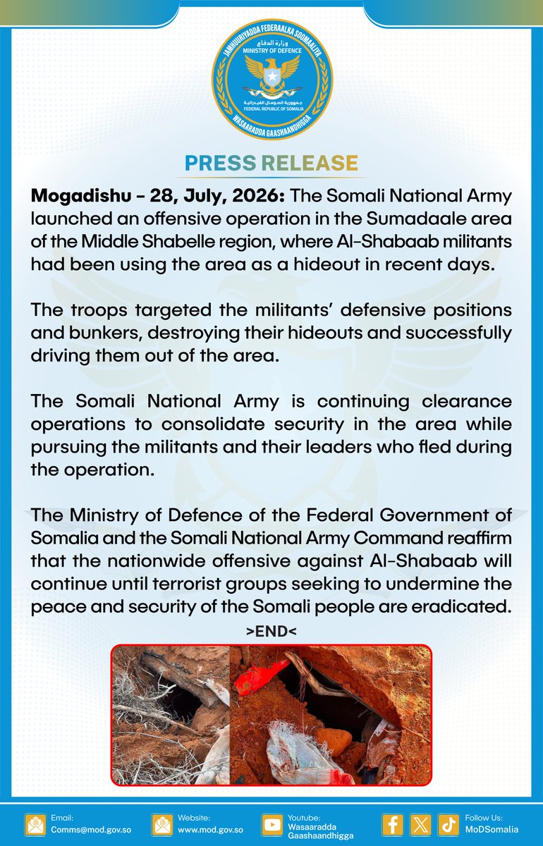 MoDSomaliya's tweet photo. The Somali National Army launched an offensive operation in the Sumadaale area of the Middle Shabelle region, where Al-Shabaab militants had been using the area as a hideout in recent days.

Read the full statement on: https://t.co/QRZoLL7mAN https://t.co/J6Z7U4Mcjx