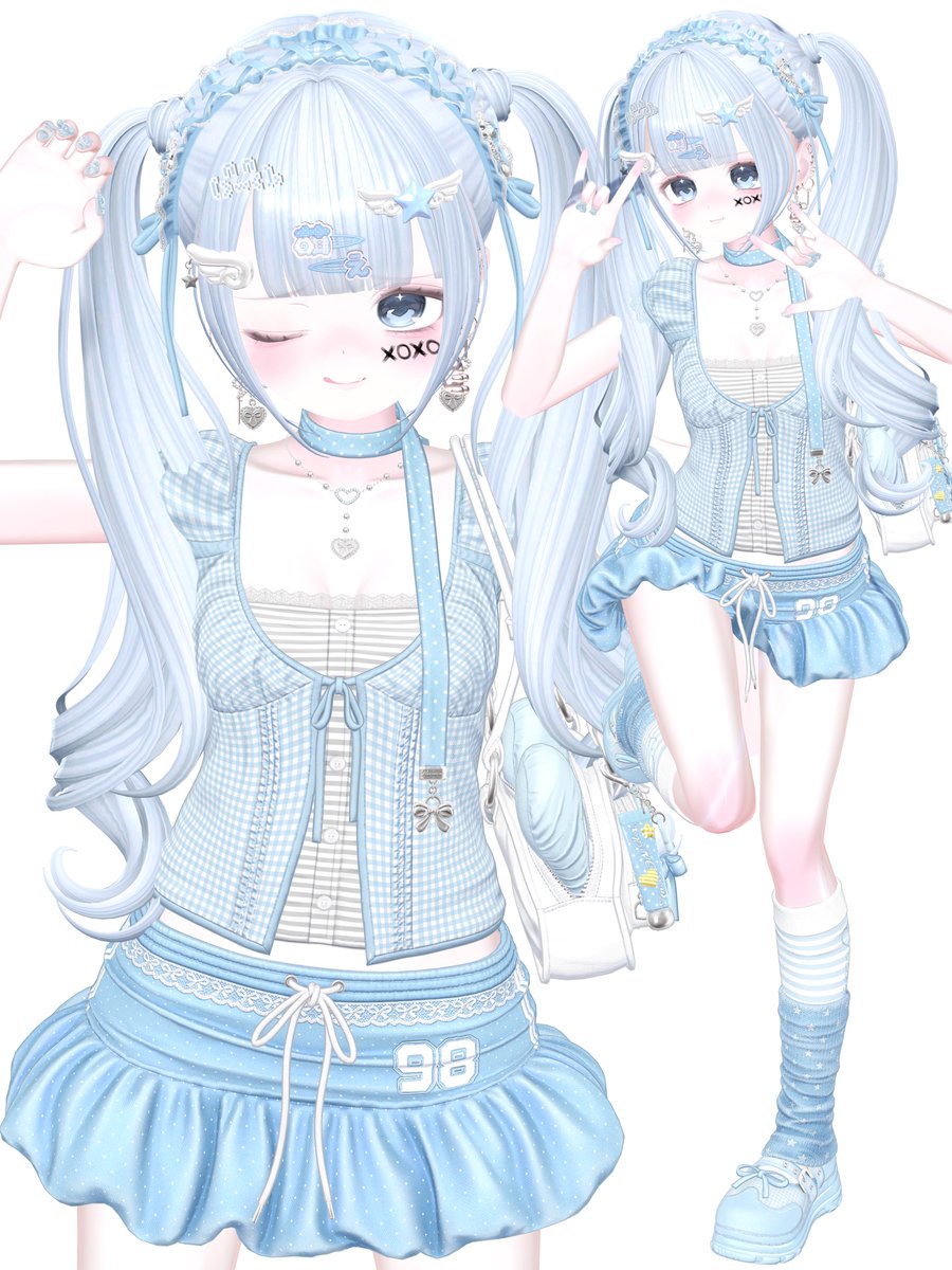 にゃんこ様♡アンティークくまちゃん♡オーガンジーふんわりツイン水色 🩵 #NANAMO_VRC #VRChat #Milfy3D
