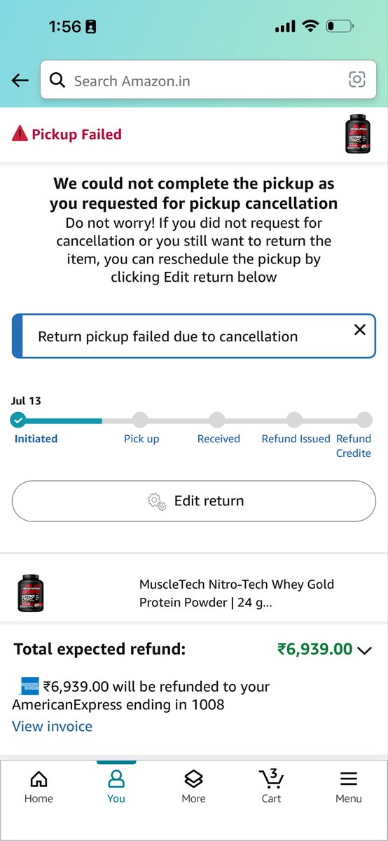 amitvora's tweet photo. @amazonIN I ordered protein powder paying 6k plus and received sandals. I tried to create return and no one has picked up. Called twice to customer care and they said once we pick up the refund will be process. What should I do? It’s now going to be a month https://t.co/uHMGenGjWr